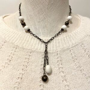 Vintage Dark Silver and White Lariat Necklace